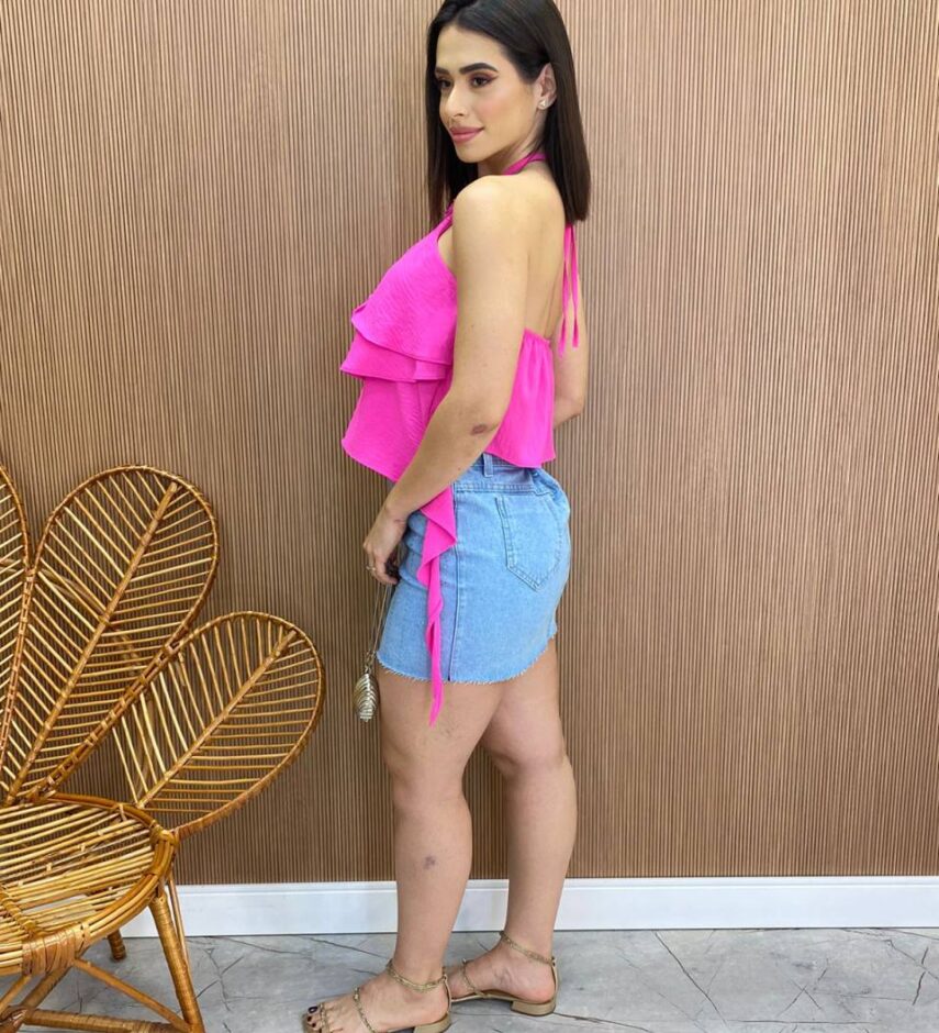 Cropped Bata Feminino sem Bojo com Babados Pink Flúor - Fernanda Ramos Store