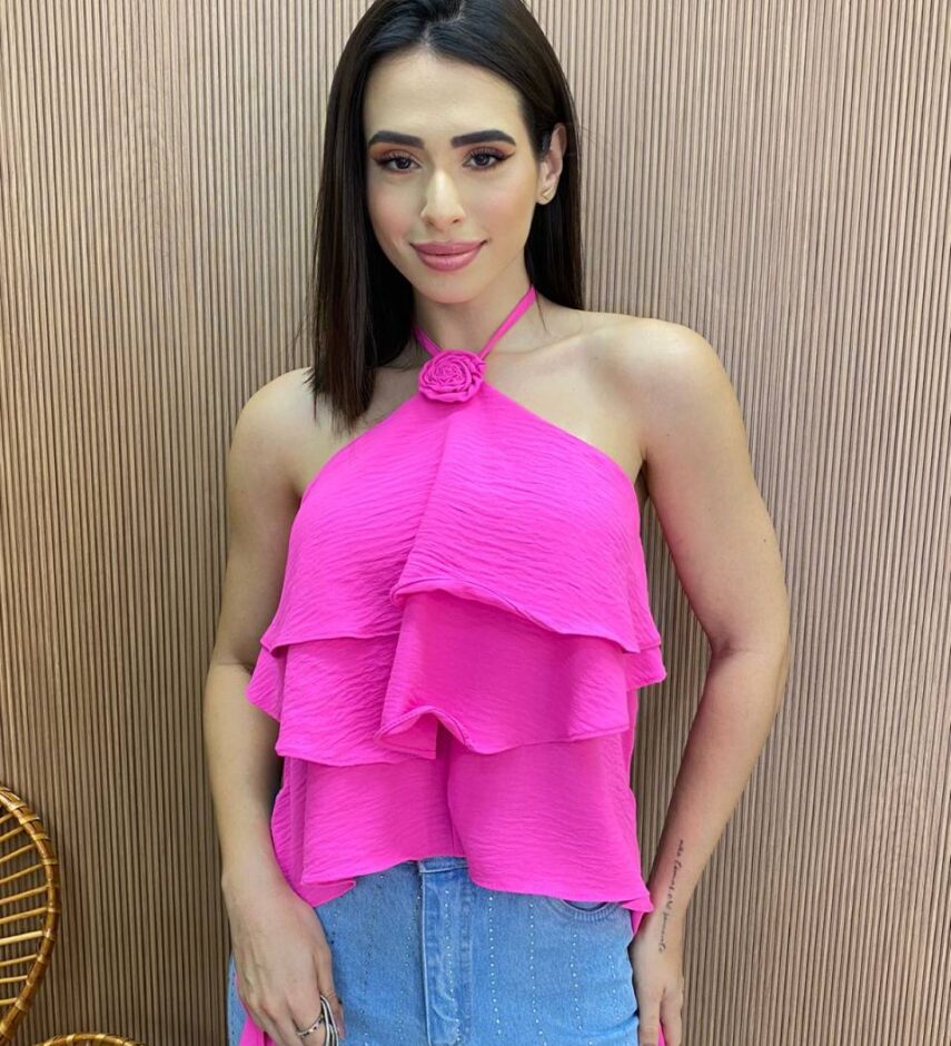 Cropped Bata Feminino sem Bojo com Babados Pink Flúor - Fernanda Ramos Store