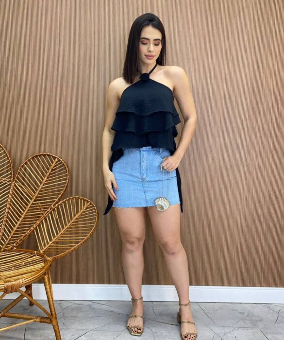 Cropped Bata Feminino sem Bojo com Babados Preto - Fernanda Ramos Store