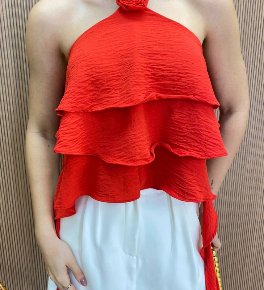 Cropped Bata Feminino Bia sem Bojo com Babados Vermelho - Fernanda Ramos Store