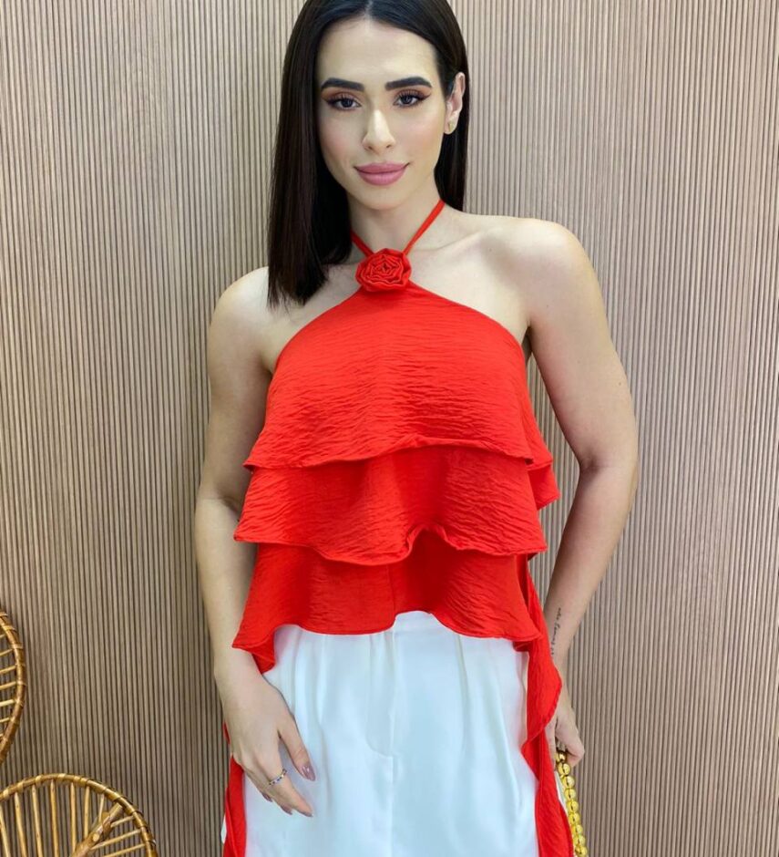 Cropped Bata Feminino Bia sem Bojo com Babados Vermelho - Fernanda Ramos Store