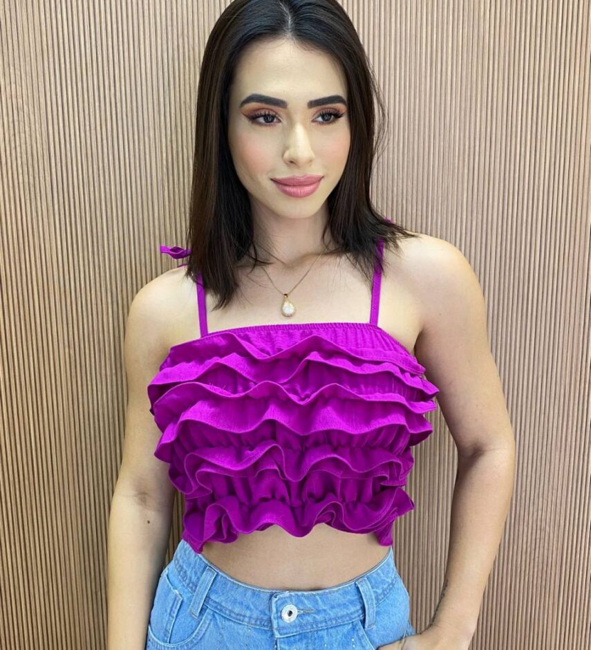 Cropped Feminino Bia sem Bojo com Babados e Amarração Fúcsia - Fernanda Ramos Store