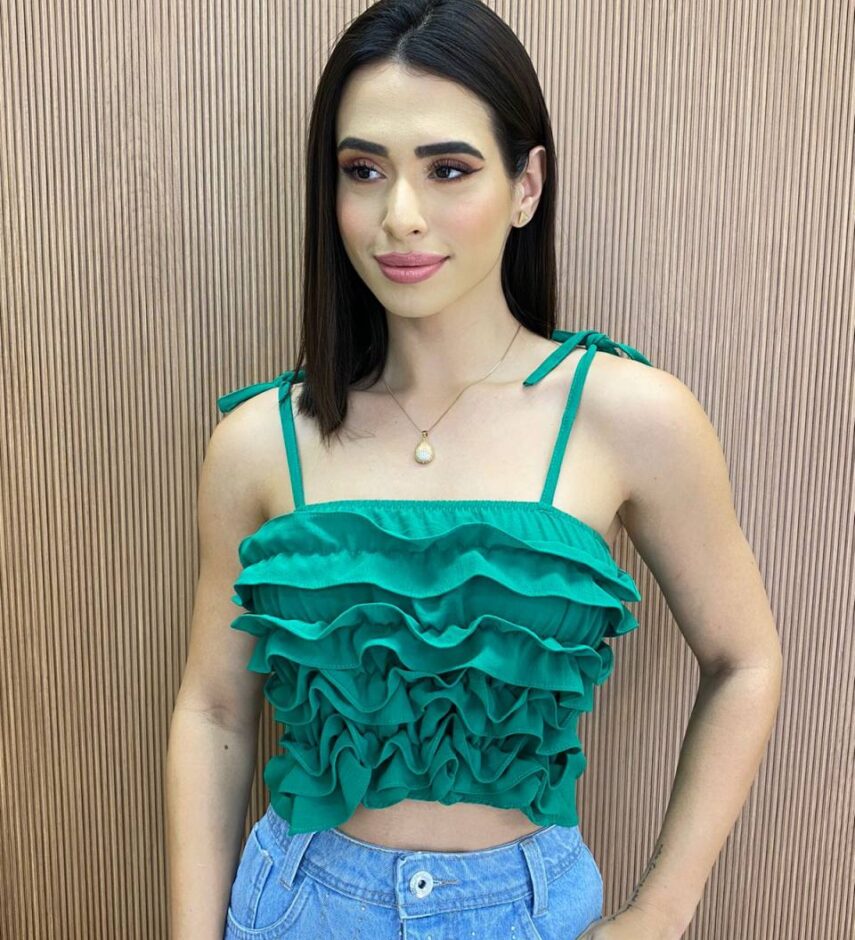 Cropped Feminino Bia sem Bojo com Babados e Amarração Verde - Fernanda Ramos Store