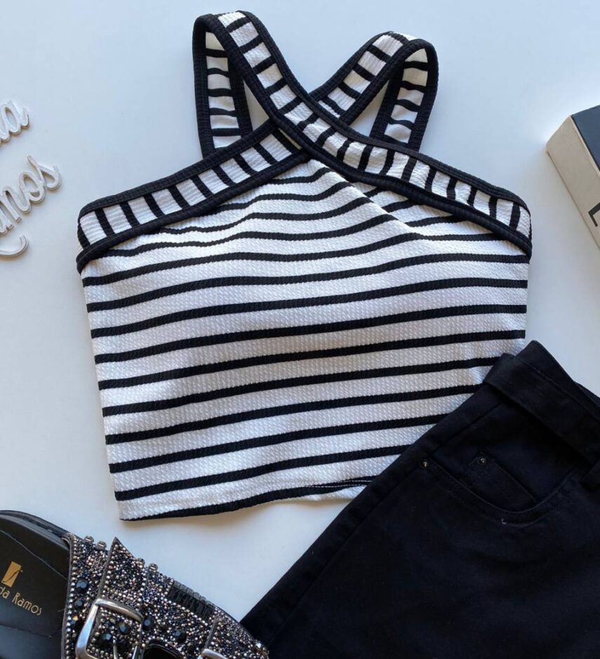 Cropped Feminino Canelado Liz com Bojo Listrado Branco - Fernanda Ramos Store