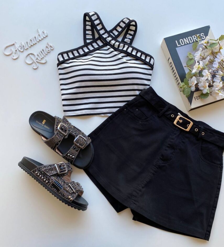 Cropped Feminino Canelado Liz com Bojo Listrado Branco - Fernanda Ramos Store