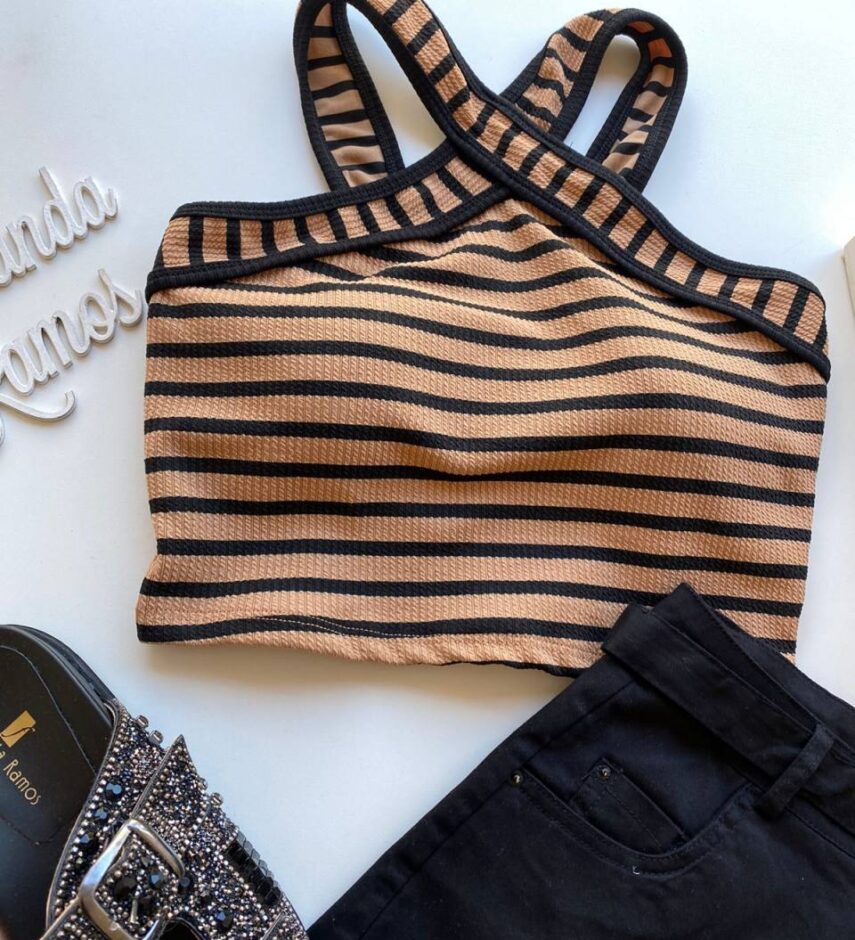 Cropped Feminino Canelado Liz com Bojo Listrado Bege - Fernanda Ramos Store