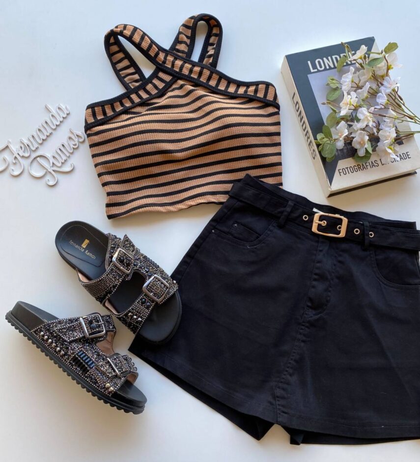Cropped Feminino Canelado Liz com Bojo Listrado Bege - Fernanda Ramos Store