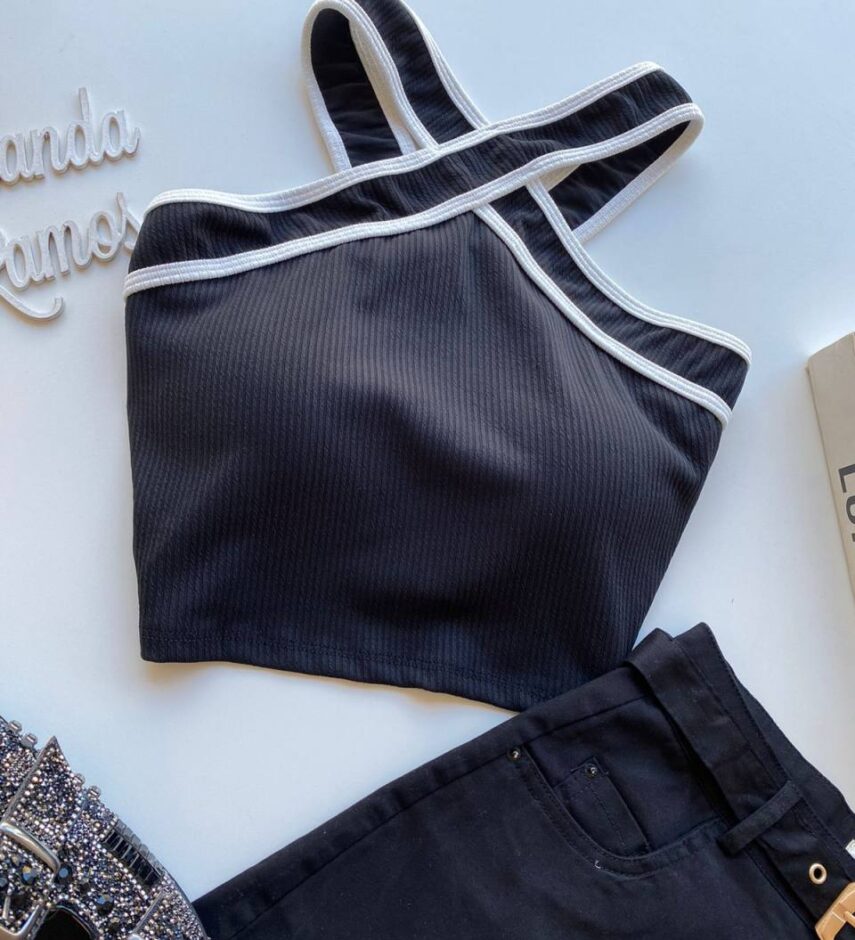 Cropped Feminino Canelado Liz com Bojo Preto - Fernanda Ramos Store
