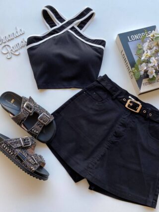 Cropped Feminino Canelado Liz com Bojo Preto - Fernanda Ramos Store