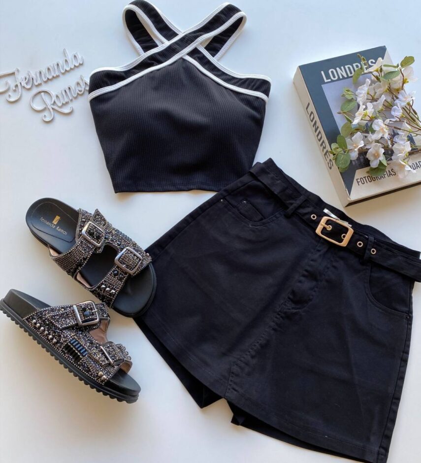 Cropped Feminino Canelado Liz com Bojo Preto - Fernanda Ramos Store