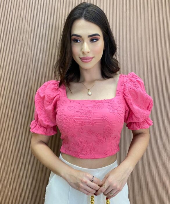 Cropped Feminino com Bojo Manga Bufante e Lastex Rosa - Fernanda Ramos Store