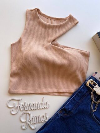 Cropped Feminino com Bojo Nula Manga Malha Canelada Bege - Fernanda Ramos Store