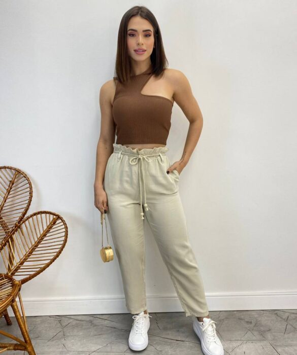 Cropped Feminino com Bojo Nula Manga Malha Canelada Marrom - Fernanda Ramos Store