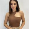 Cropped Feminino com Bojo Nula Manga Malha Canelada Marrom - Fernanda Ramos Store