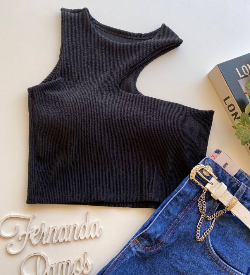 Cropped Feminino com Bojo Nula Manga Malha Canelada Preto - Fernanda Ramos Store