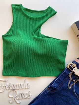 Cropped Feminino com Bojo Nula Manga Malha Canelada Verde - Fernanda Ramos Store