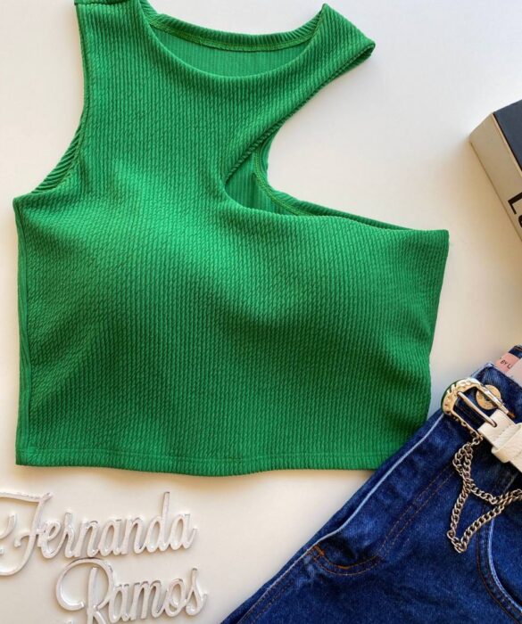 Cropped Feminino com Bojo Nula Manga Malha Canelada Verde - Fernanda Ramos Store