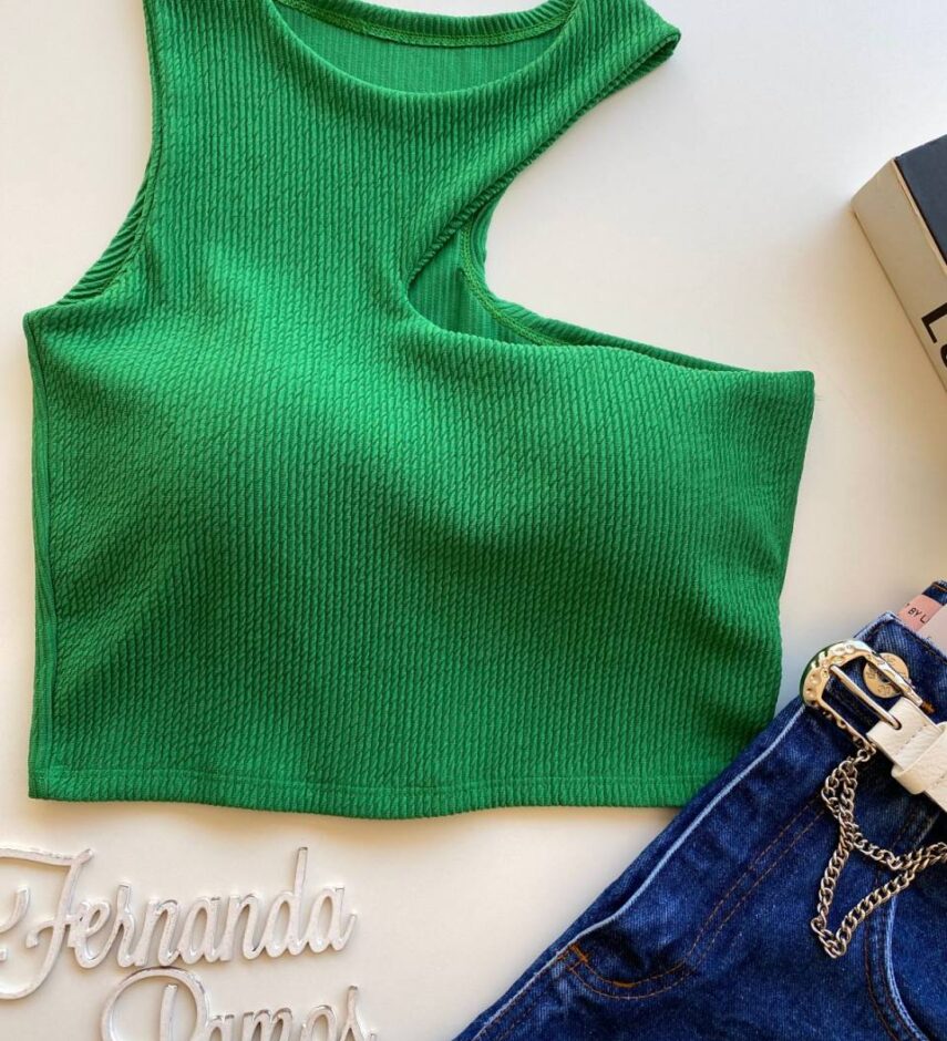 Cropped Feminino com Bojo Nula Manga Malha Canelada Verde - Fernanda Ramos Store