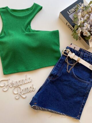 Cropped Feminino com Bojo Nula Manga Malha Canelada Verde - Fernanda Ramos Store