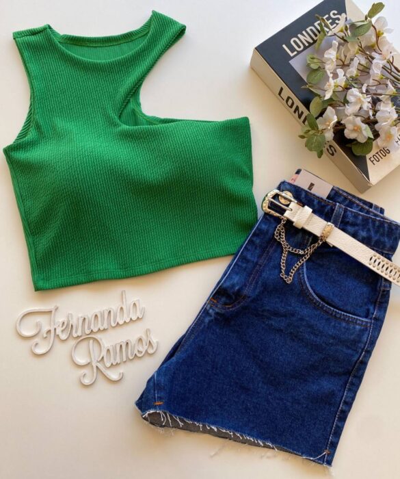 Cropped Feminino com Bojo Nula Manga Malha Canelada Verde - Fernanda Ramos Store