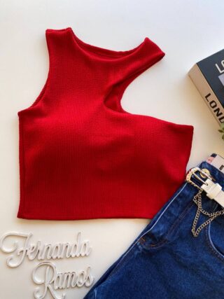 Cropped Feminino com Bojo Nula Manga Malha Canelada Vermelho - Fernanda Ramos Store