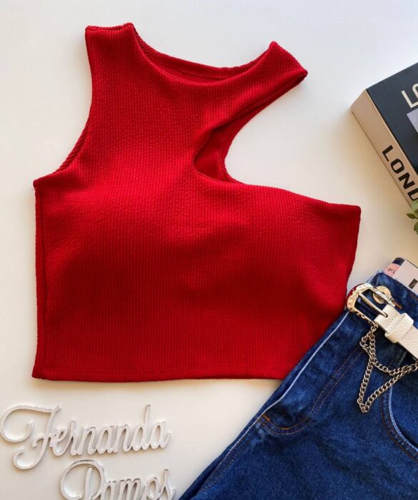 Cropped Feminino com Bojo Nula Manga Malha Canelada Vermelho - Fernanda Ramos Store