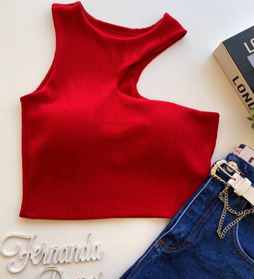 Cropped Feminino com Bojo Nula Manga Malha Canelada Vermelho - Fernanda Ramos Store