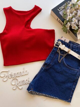 Cropped Feminino com Bojo Nula Manga Malha Canelada Vermelho - Fernanda Ramos Store