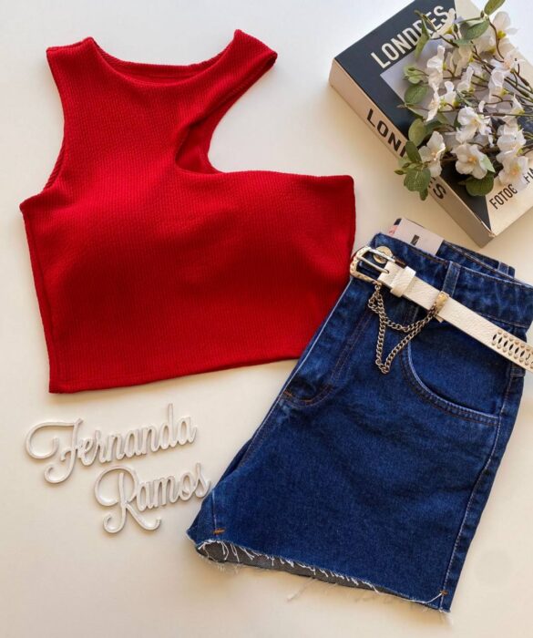 Cropped Feminino com Bojo Nula Manga Malha Canelada Vermelho - Fernanda Ramos Store