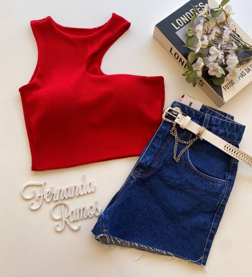 Cropped Feminino com Bojo Nula Manga Malha Canelada Vermelho - Fernanda Ramos Store