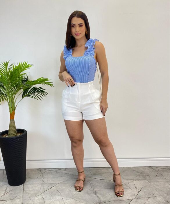 Cropped Feminino Liz com Bojo e Lastex Azul Listrado - Fernanda Ramos Store