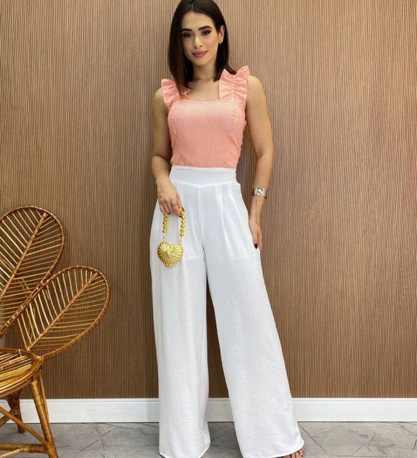 Cropped Feminino Liz com Bojo e Lastex Laranja Listrado - Fernanda Ramos Store