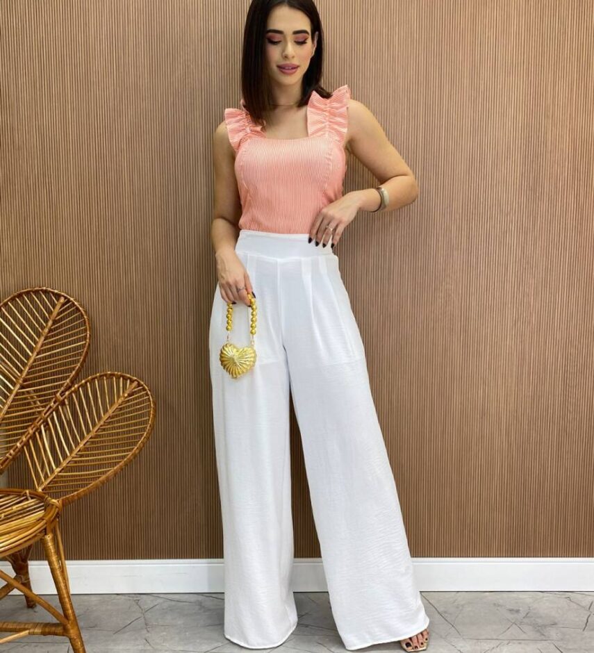 Cropped Feminino Liz com Bojo e Lastex Laranja Listrado - Fernanda Ramos Store
