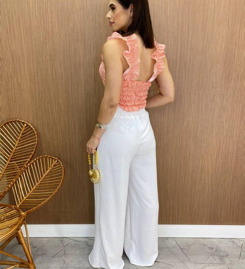 Cropped Feminino Liz com Bojo e Lastex Laranja Listrado - Fernanda Ramos Store