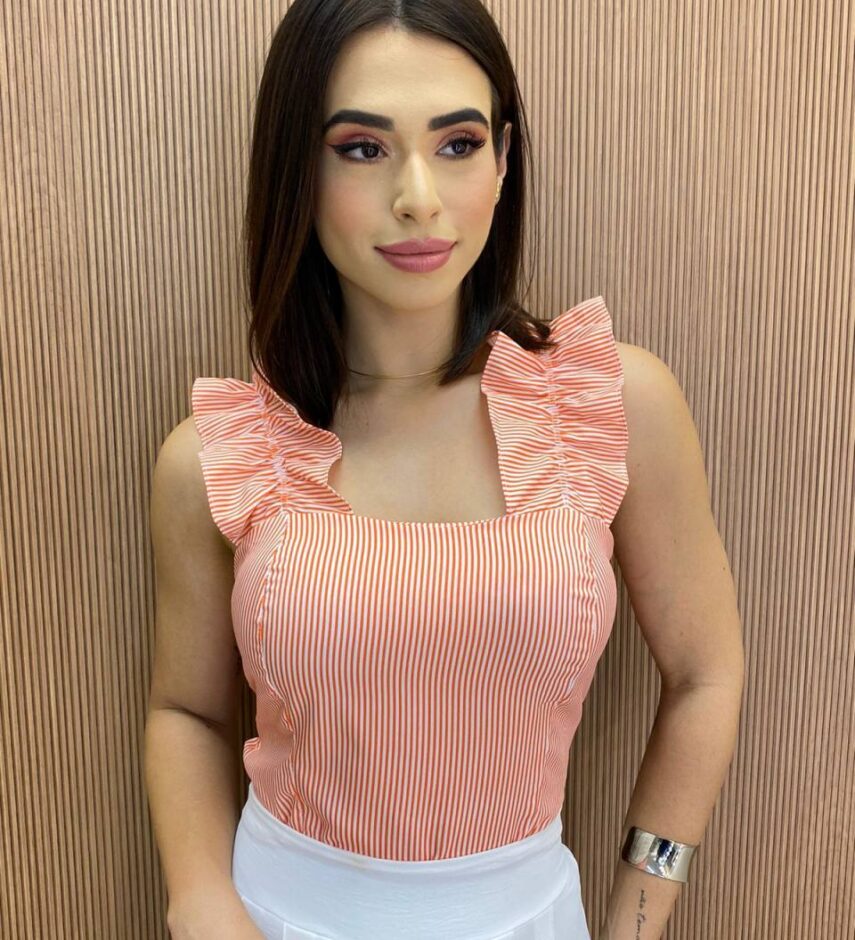 Cropped Feminino Liz com Bojo e Lastex Laranja Listrado - Fernanda Ramos Store