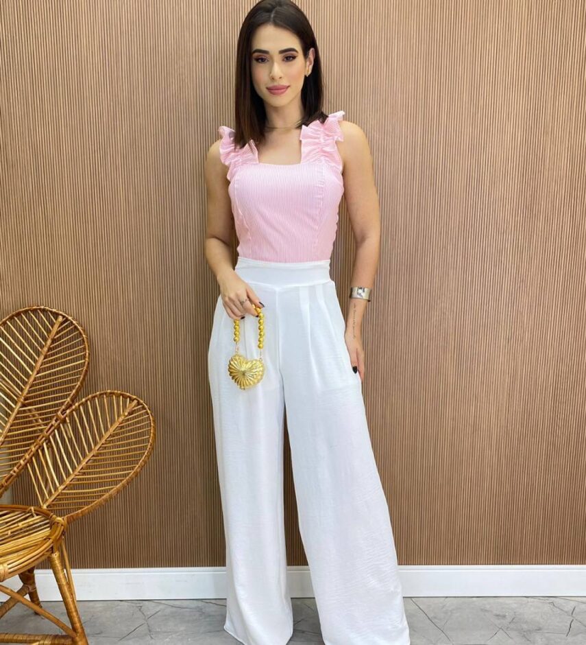 Cropped Feminino Liz com Bojo e Lastex Rosa Listrado - Fernanda Ramos Store