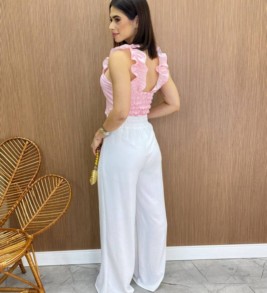 Cropped Feminino Liz com Bojo e Lastex Rosa Listrado - Fernanda Ramos Store