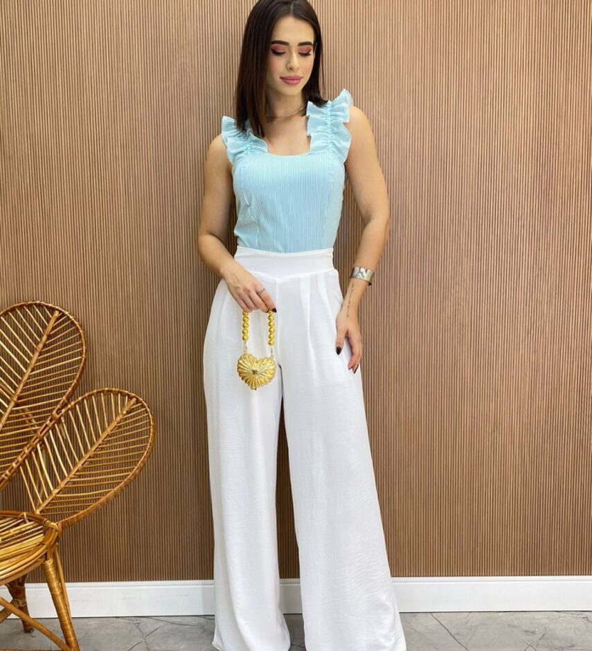 Cropped Feminino Liz com Bojo e Lastex Verde Água Listrado - Fernanda Ramos Store