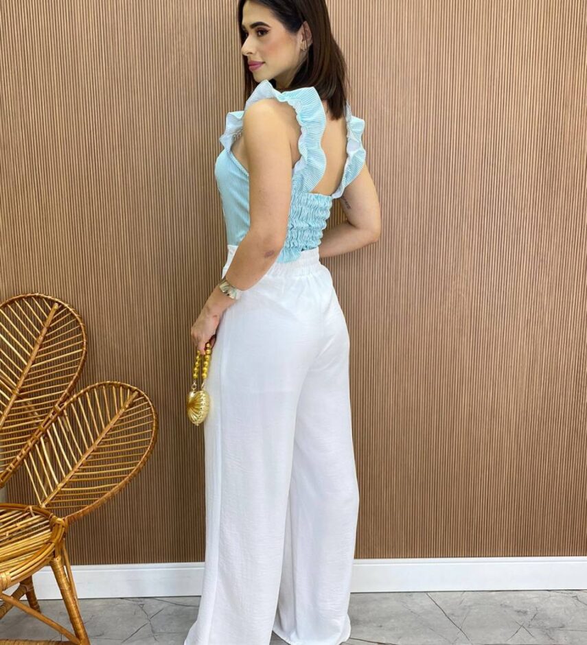 Cropped Feminino Liz com Bojo e Lastex Verde Água Listrado - Fernanda Ramos Store