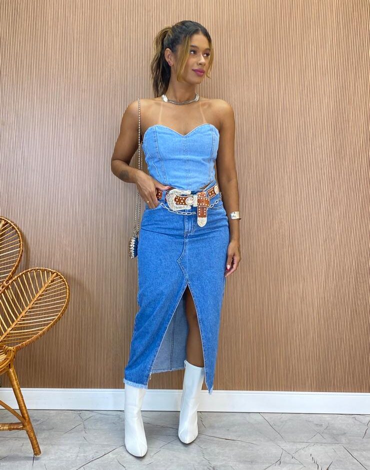 Cropped Feminino Rebeca sem Bojo Jeans com Lastex - Fernanda Ramos Store