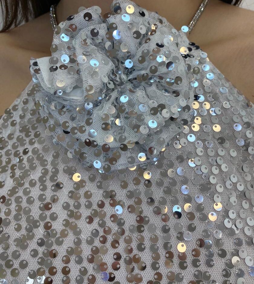 Cropped Feminino sem Bojo Detalhe em Flor Paetê Prata - Fernanda Ramos Store