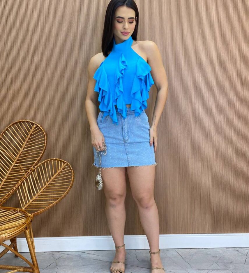 Cropped Feminino sem Bojo Frente Única com Babado Azul - Fernanda Ramos Store