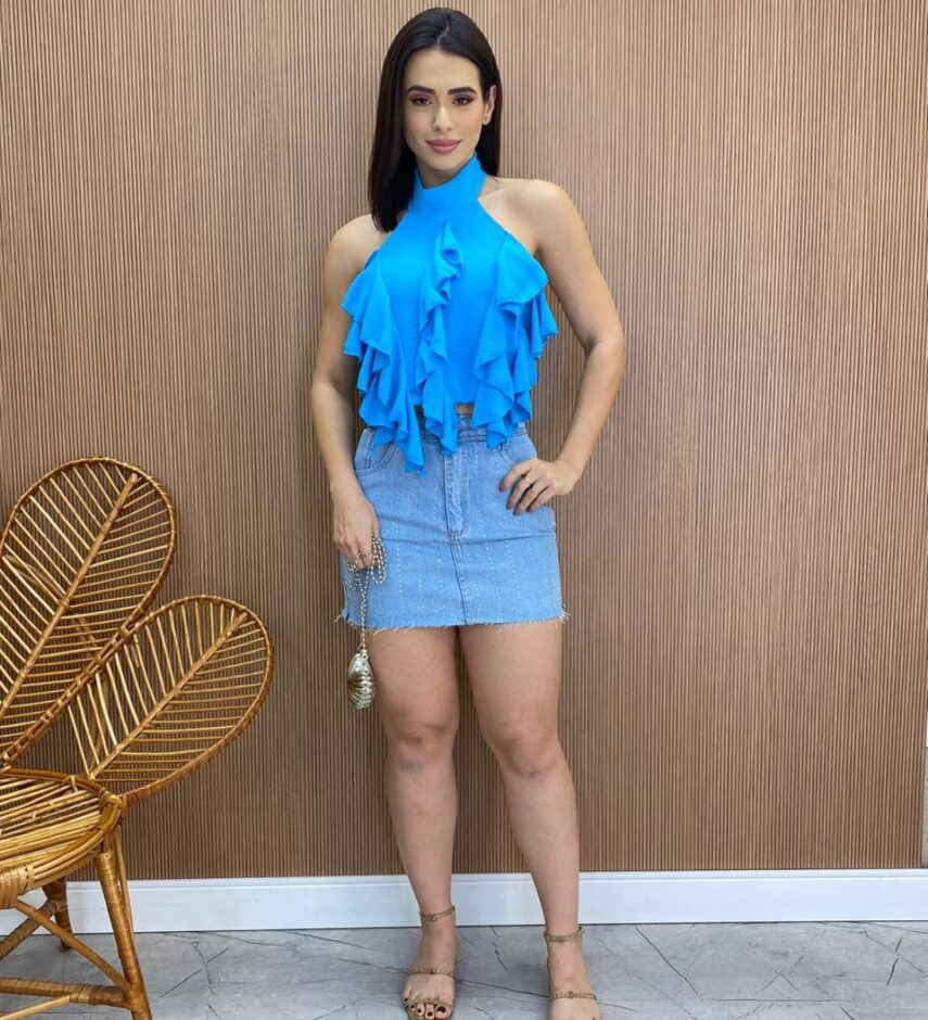 Cropped Feminino sem Bojo Frente Única com Babado Azul - Fernanda Ramos Store