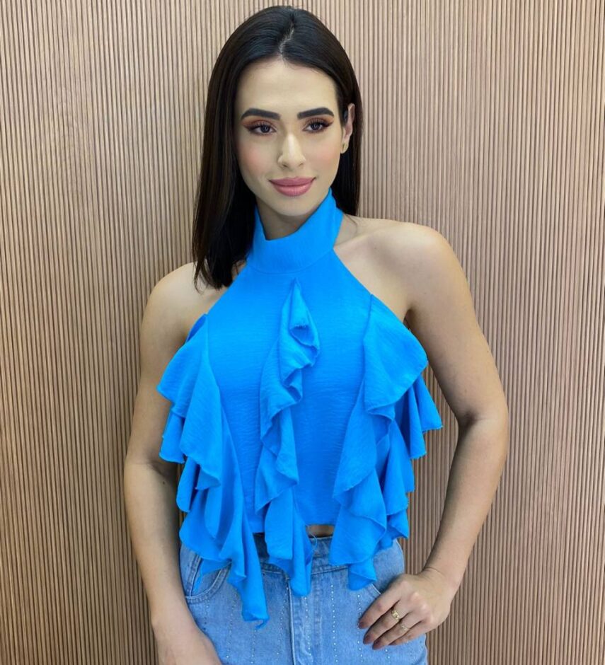 Cropped Feminino sem Bojo Frente Única com Babado Azul - Fernanda Ramos Store