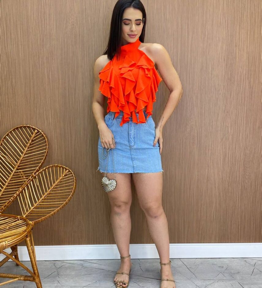 Cropped Feminino sem Bojo Frente Única com Babado Laranja - Fernanda Ramos Store