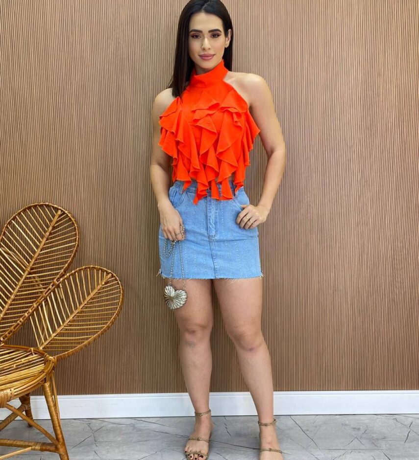 Cropped Feminino sem Bojo Frente Única com Babado Laranja - Fernanda Ramos Store