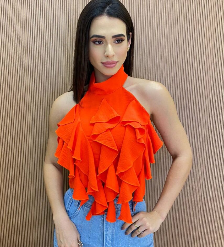 Cropped Feminino sem Bojo Frente Única com Babado Laranja - Fernanda Ramos Store