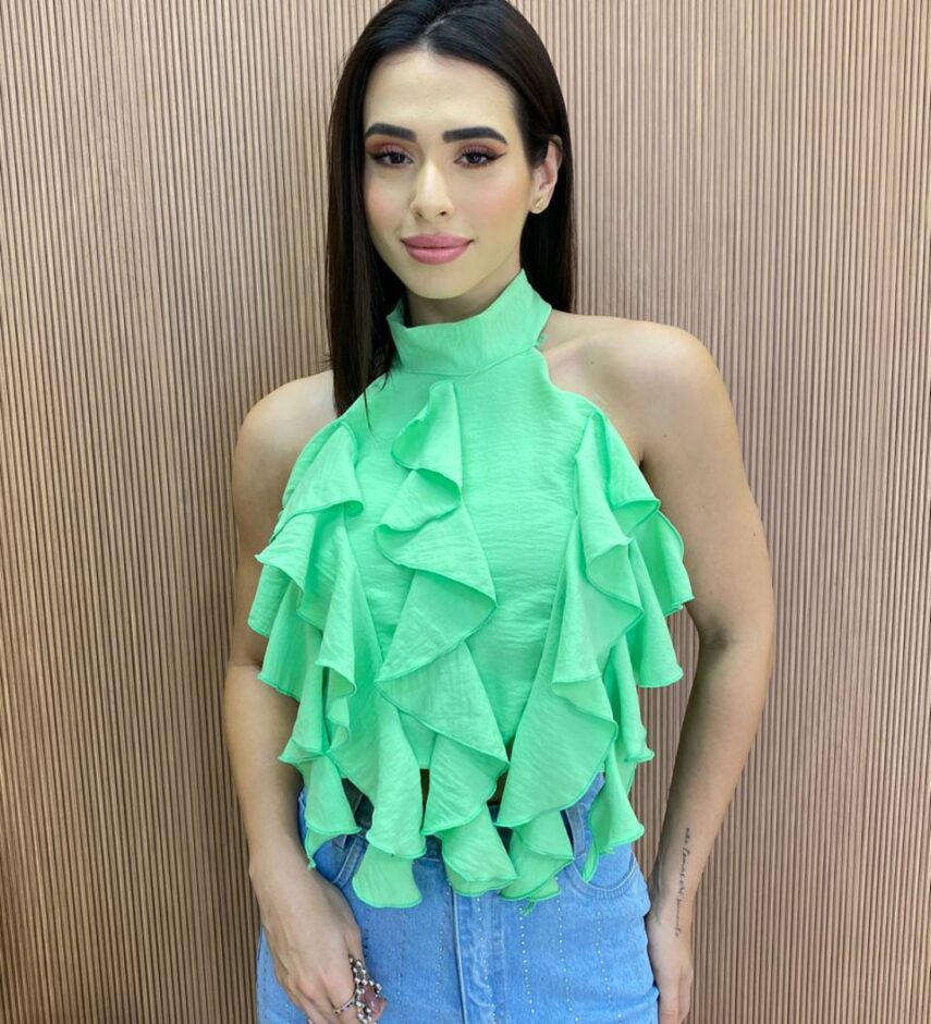 Cropped Feminino sem Bojo Frente Única com Babado Verde - Fernanda Ramos Store