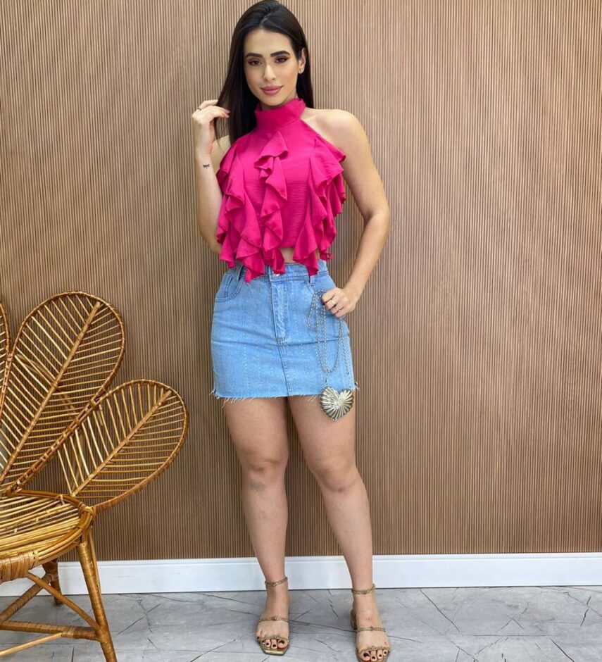 Cropped Feminino sem Bojo Frente Única com Babado Pink - Fernanda Ramos Store