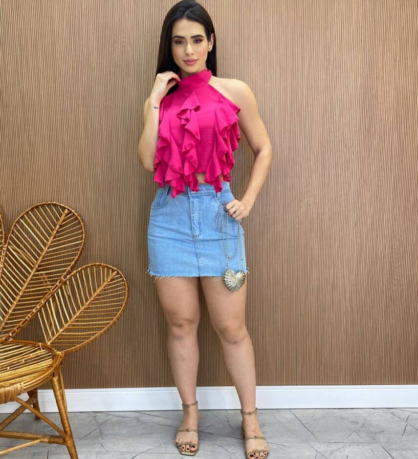 Cropped Feminino sem Bojo Frente Única com Babado Pink - Fernanda Ramos Store